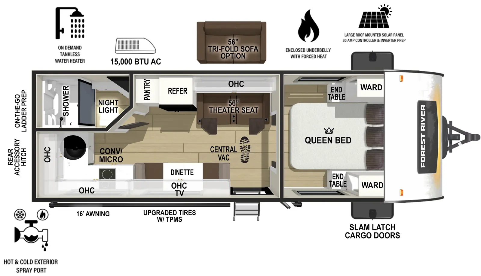 The RP-205 has zero slideouts and one entry. Exterior features 16 foot awning, upgraded tires with TPMS, hot and cold spray port, on-the-go ladder prep, rear accessory hitch, on demand tankless water heater, 15,000 BTU air conditioner, enclosed underbelly with forced heat, and large roof mounted solar panel 30 amp controller & inverter prep. Interior layout front to back: foot-facing queen bed with wardrobe and end tables on each side; off-door side tri-fold sofa with overhead  cabinet, refrigerator, and pantry; door side entry, dinette, central vacuum, and overhead cabinet with TV; rear off-door side full bathroom with night light; door side kitchen counter with convection microwave, cooktop, overhead cabinet wraps to rear with sink.